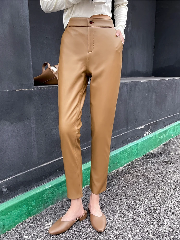 Women's Genuine Leather Pants, Ankle Length Pencil Pants, Elastic Waist Sheepskin Pants, Casual Leather Pants