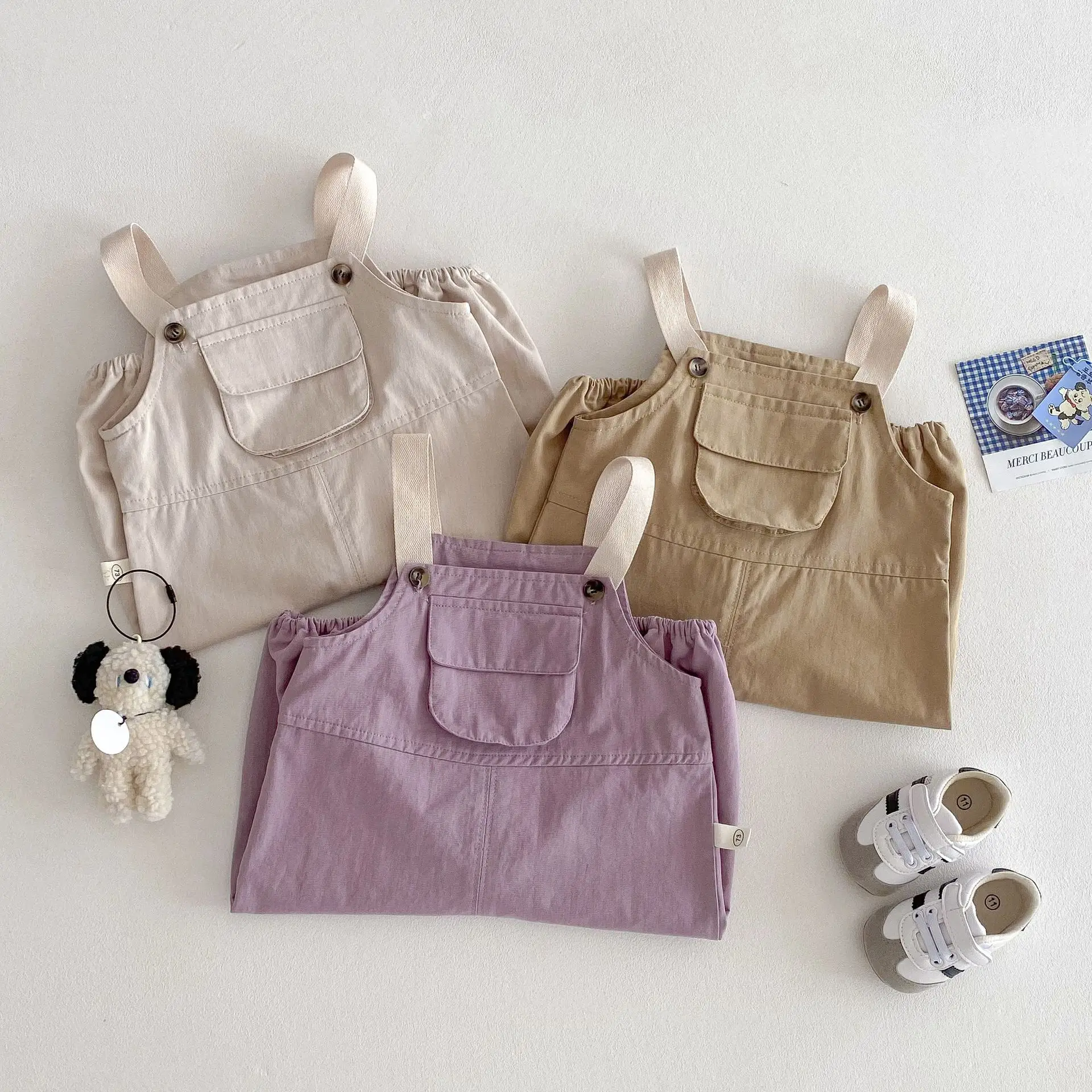 2025 New Kids Overalls 0-5Years Childrn Boy Girl Solid Color Pocket Jumpsuit Cargo Suspender Pant Fashion Bottom Spring Clothes