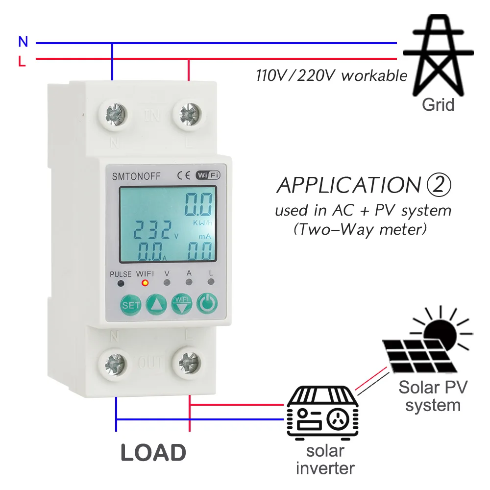 Tuya WiFi 2P 63A Bi-directional Measuring Prepaid kWh Meter Auto-reclosing Over