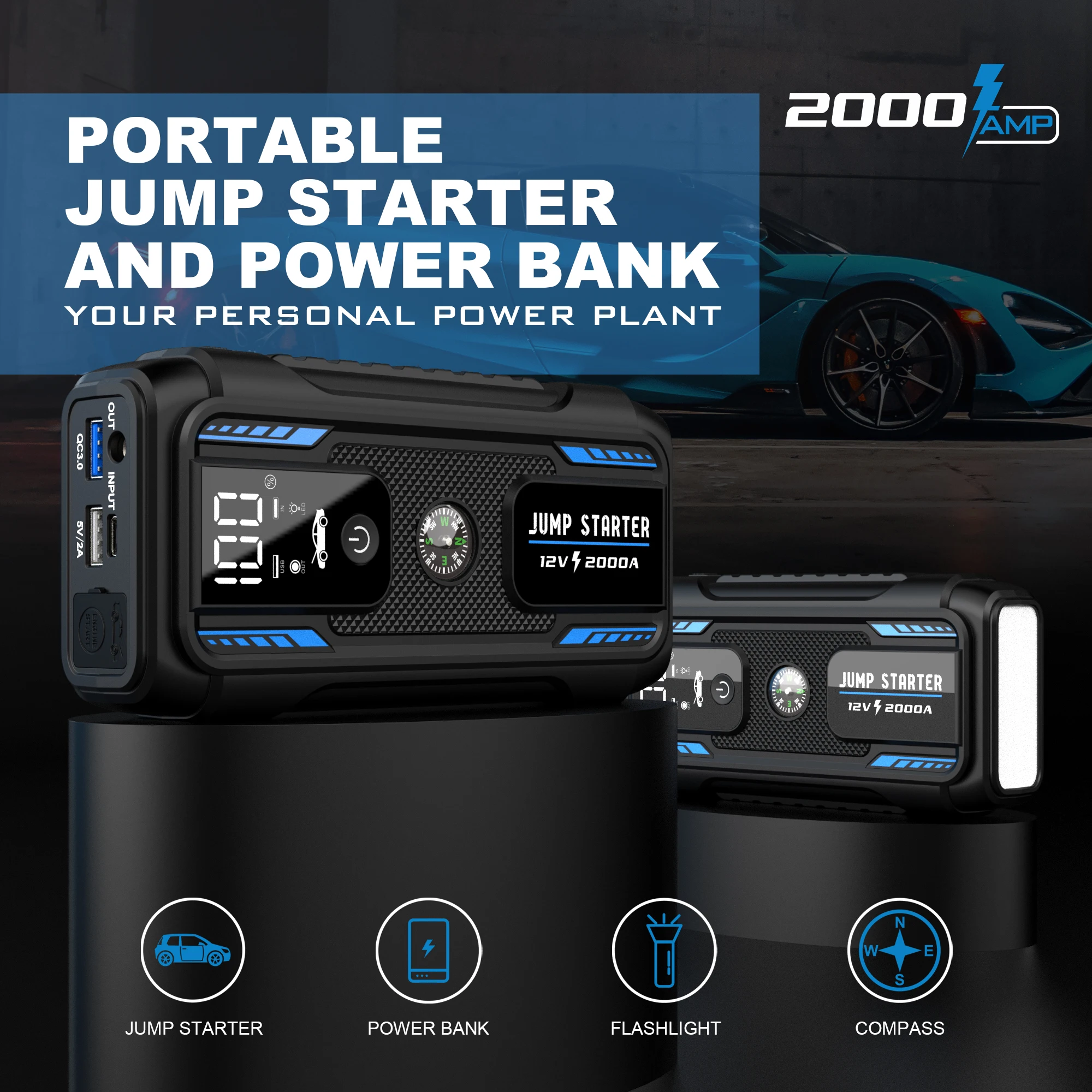2000A 12V Portable Lithium Jump Starter Car Battery Booster Pack USB-C Powerbank Charger and Jumper Cables for Upto 6.0-Liter car jump starter jump starter