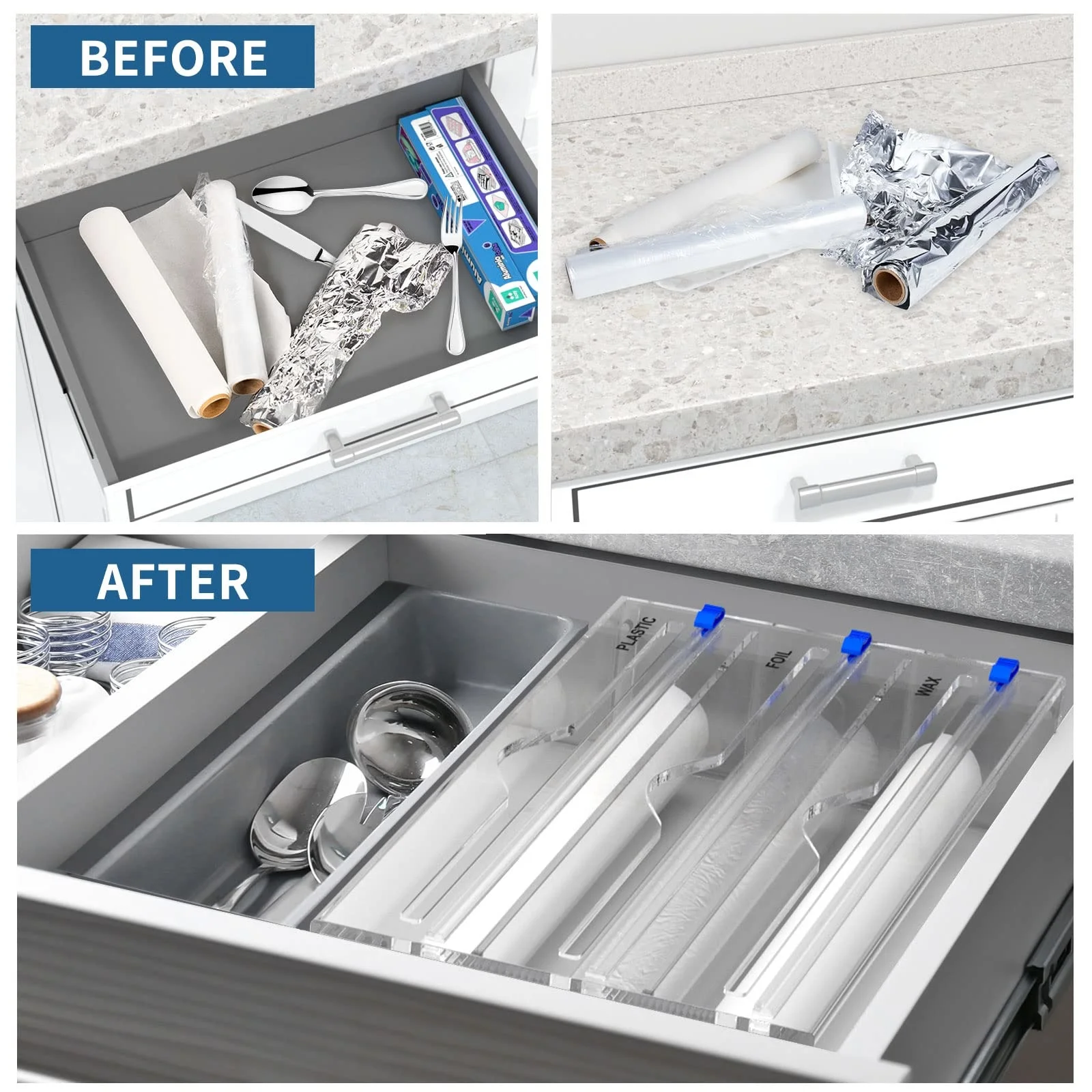주방 서랍용 플라스틱 랩 디펜서, 식품 랩 접착 필름 보관 정리함, 아크릴 호일 정리함, 3 in 1