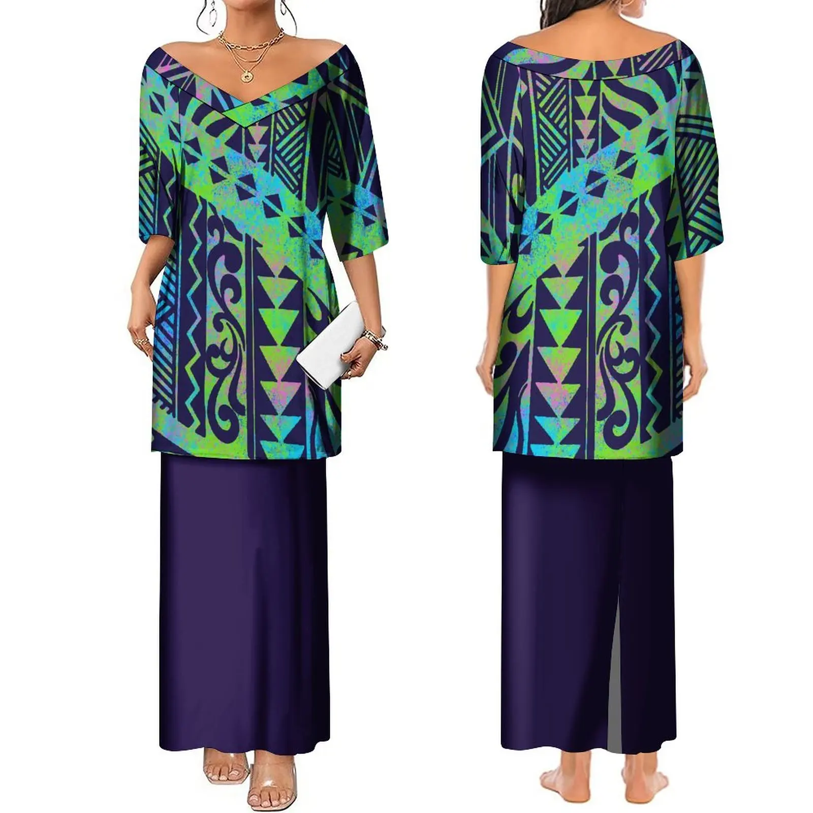 

2023 Fashion Women'S V-Neck Dress Puletasi Dress Polynesian Tribal Ethnic Style Women'S Dress Two-Piece Set Custom