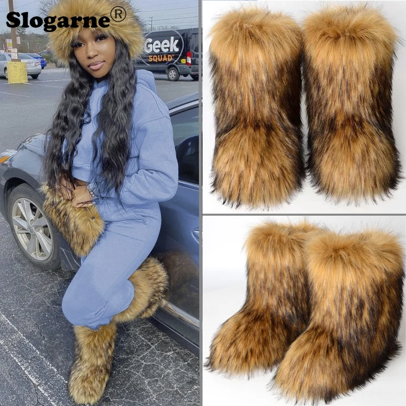 

Winter Fuzzy Boots Women Furry Shoes Fluffy Fur Snow Boots Plush lining Slip-on Rubber Flat Outdoor Bowtie Warm Ladies Footwear