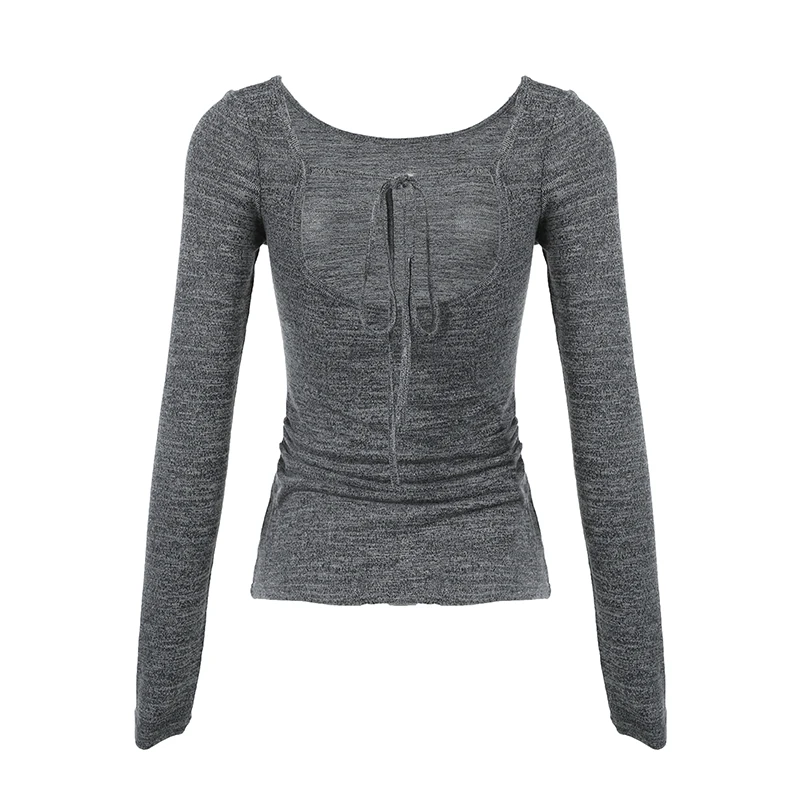 Women Long Sleeve Knitted Top Backless Lace-up Fashion Korean Side Split Fitted Tee Shirt Autumn Outfits Streetwear