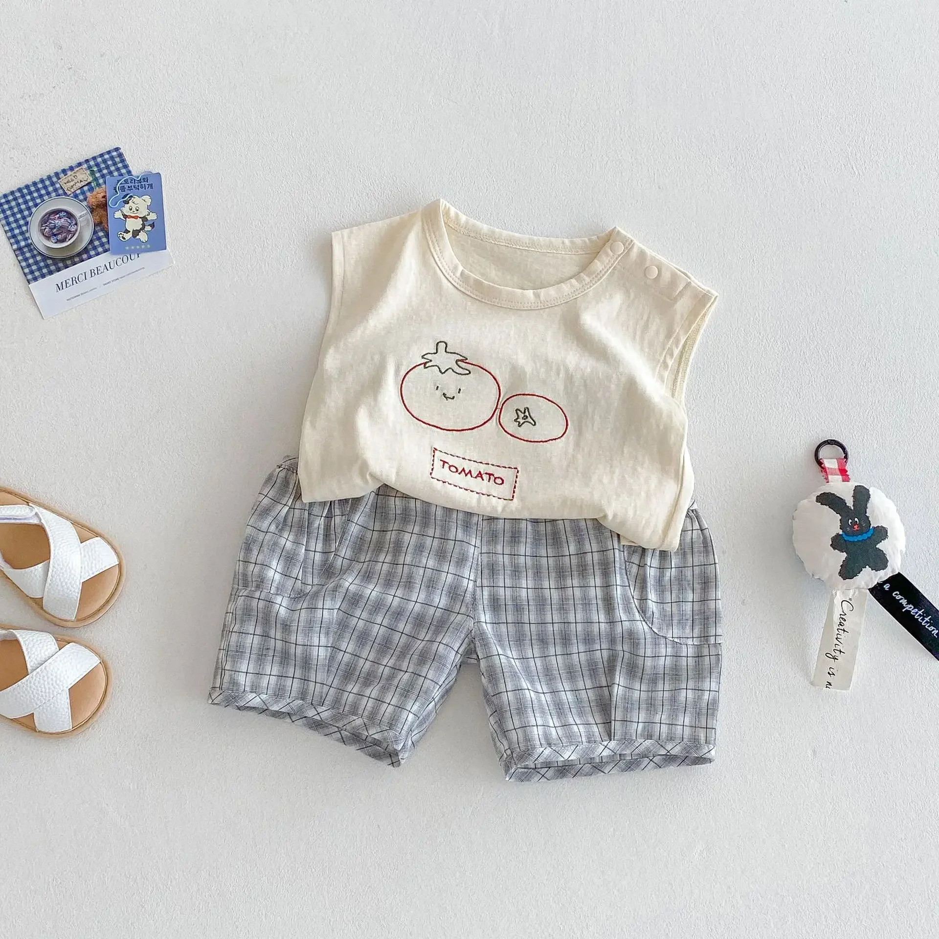 Children's Cartoon Tank Top 2025 New Summer Boys' Korean Edition Sleeveless T-shirt Baby Fashion Checkered Shorts
