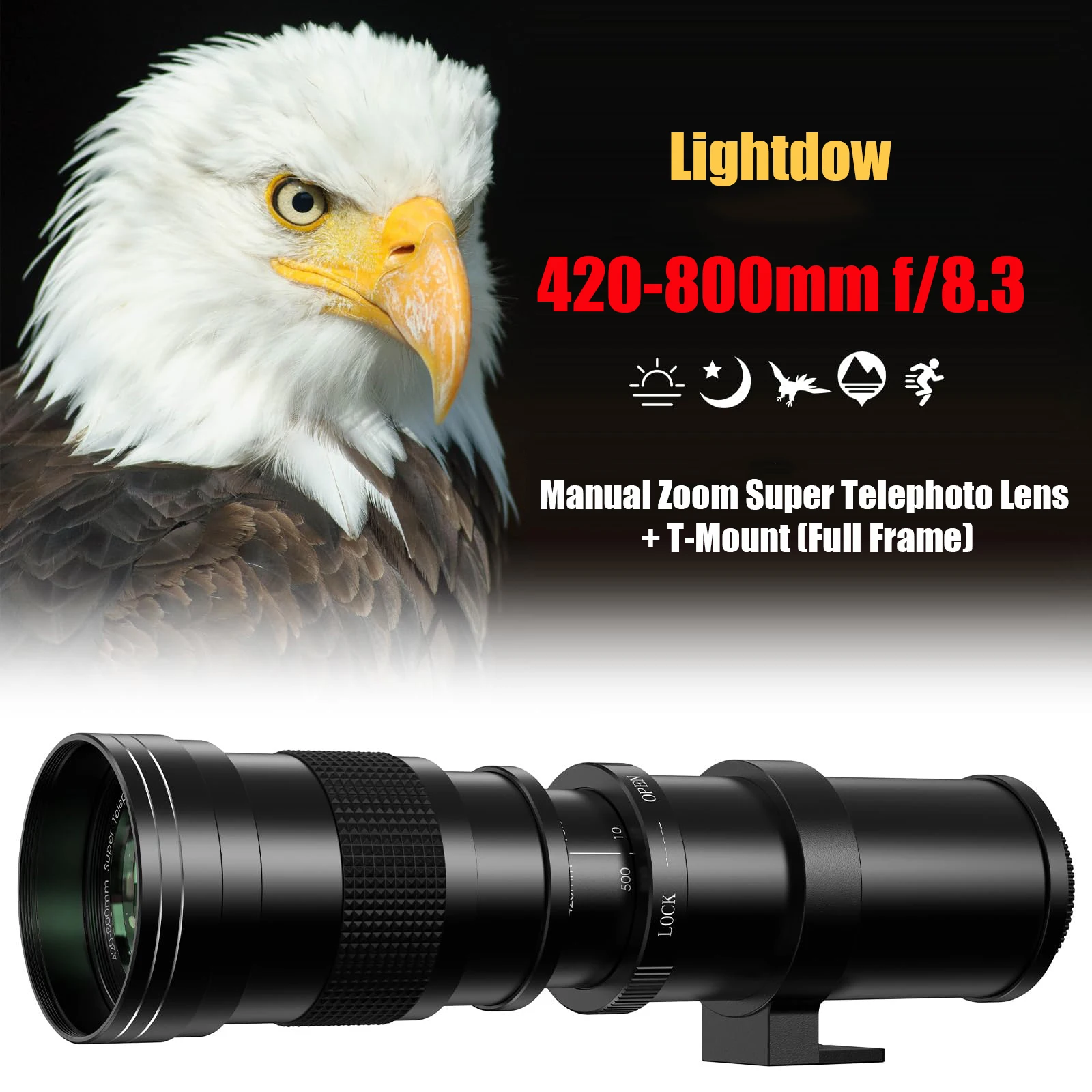 Lightdow 420-800mm f/8.3 Manual Zoom Super Telephoto Lens + T