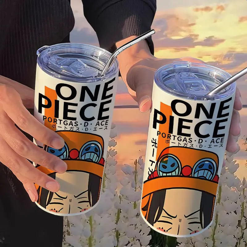 thumbnail image 1 of Botella de agua de One Piece Monkey D. Luffy Roronoa Zoro, taza de café con pajita, 420 ml, acero inoxidable, dibujos animados de anime, portátil, 1 of 5