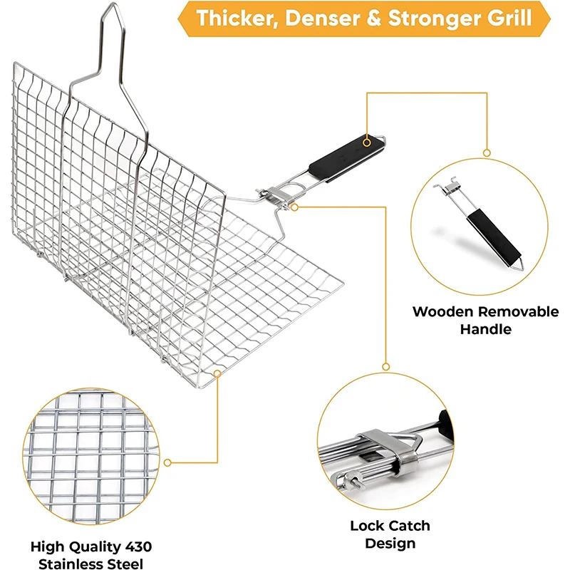 LMETJMA Foldable Grill Basket Portable Stainless Steel BBQ Barbecue Grilling Basket With Removable Handle Steak Fish JT59