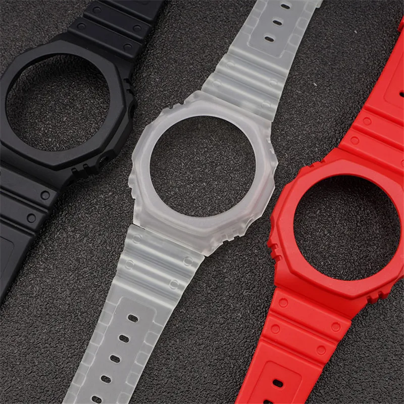 Custodia E Cinturino Trasparente In Gomma Jelly Per Casio G-SHOCK GA-2100 - Modifica Colore Blu/Rosso