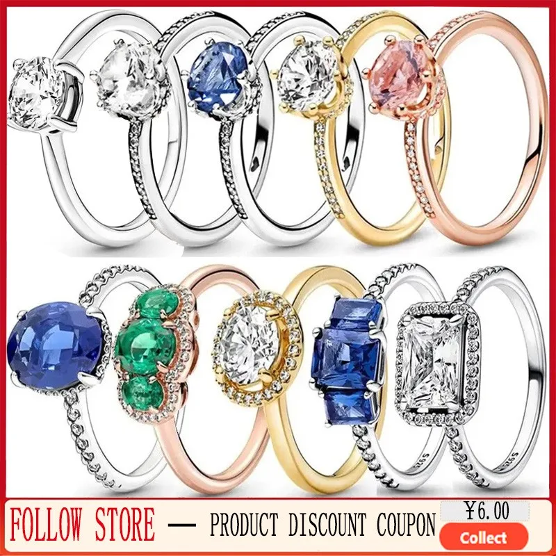 New 925 Sterling Silver Original Logo Sparkling Crown Single Stone Ring, Sparkling Round Rectangular Halo Ring Women's Gift new hot sale 925 sterling silver sparkling bowknot stackable ring micro pave cz zircon for women valentine s day gift jewelry