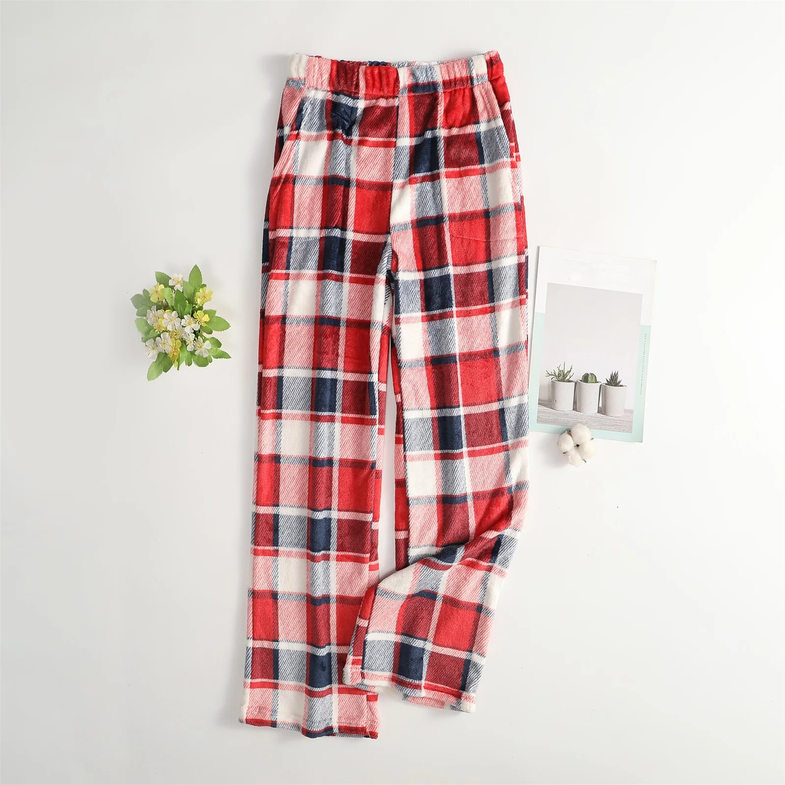 Women Plush Pajama Pants Plaid Printed Loose Fit Casual Loungewear Lounge Pants Warm Comfortable Fleece Sleepwear Trousers
