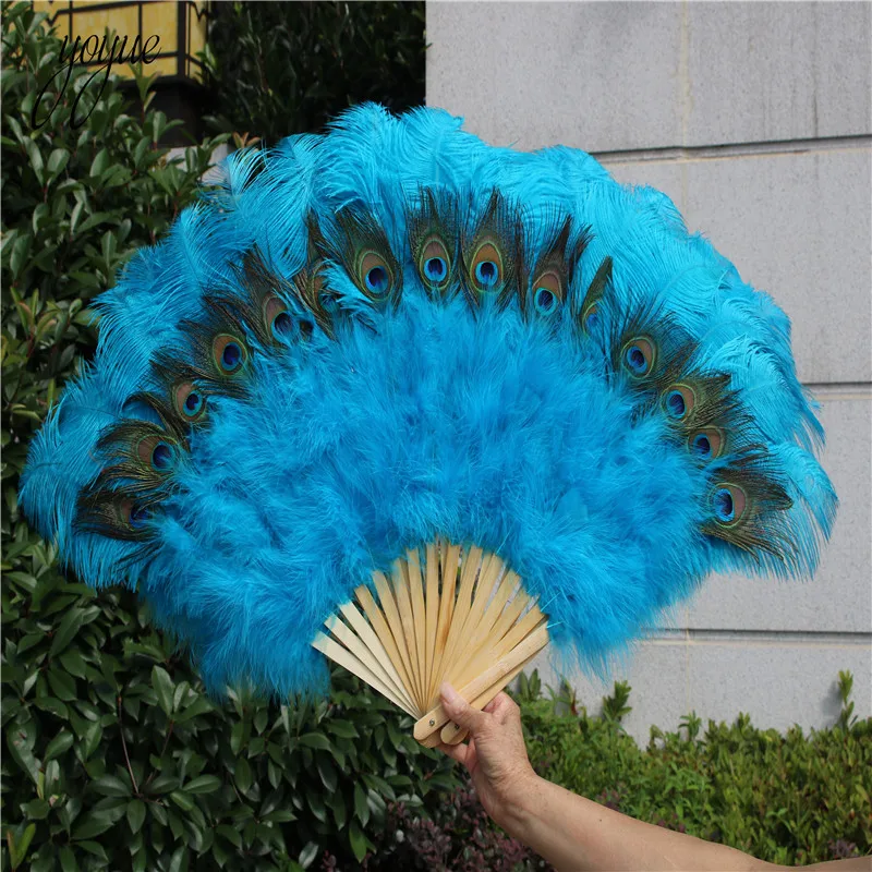 

1pcs/lot High Quality Lake blue Ostrich Feather Fan Halloween Party Celebration Performance Crafts Props DIY Peacock Feather Fan
