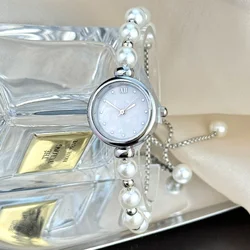 French Romantic Pearl Bracelet Quartz Wristwatch - Elegant and Stylish Handheld Timepiece (Silver)