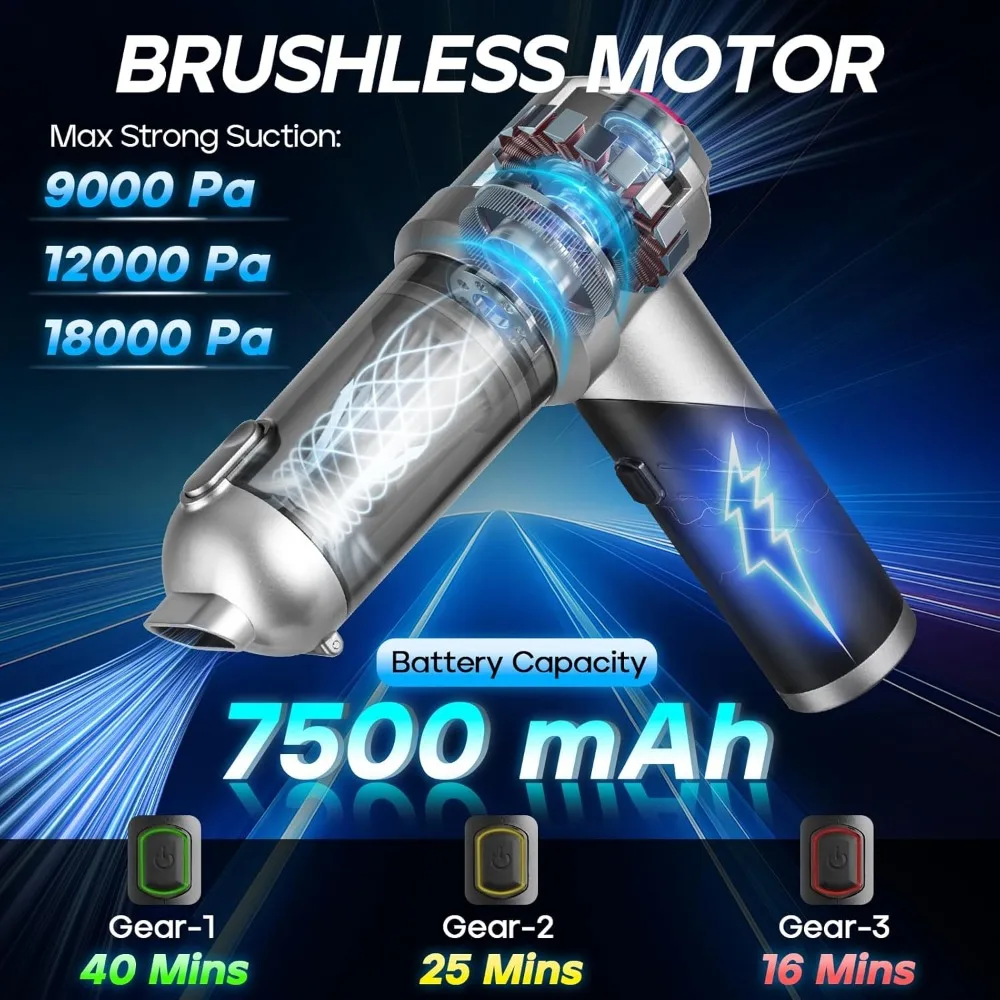 PeroBuno Car Vacuum Portable Cordless, 18000PA Suction, 3-in-1 Foldable Handheld Vacuum & Air Duster with Brushless Motor, 40min