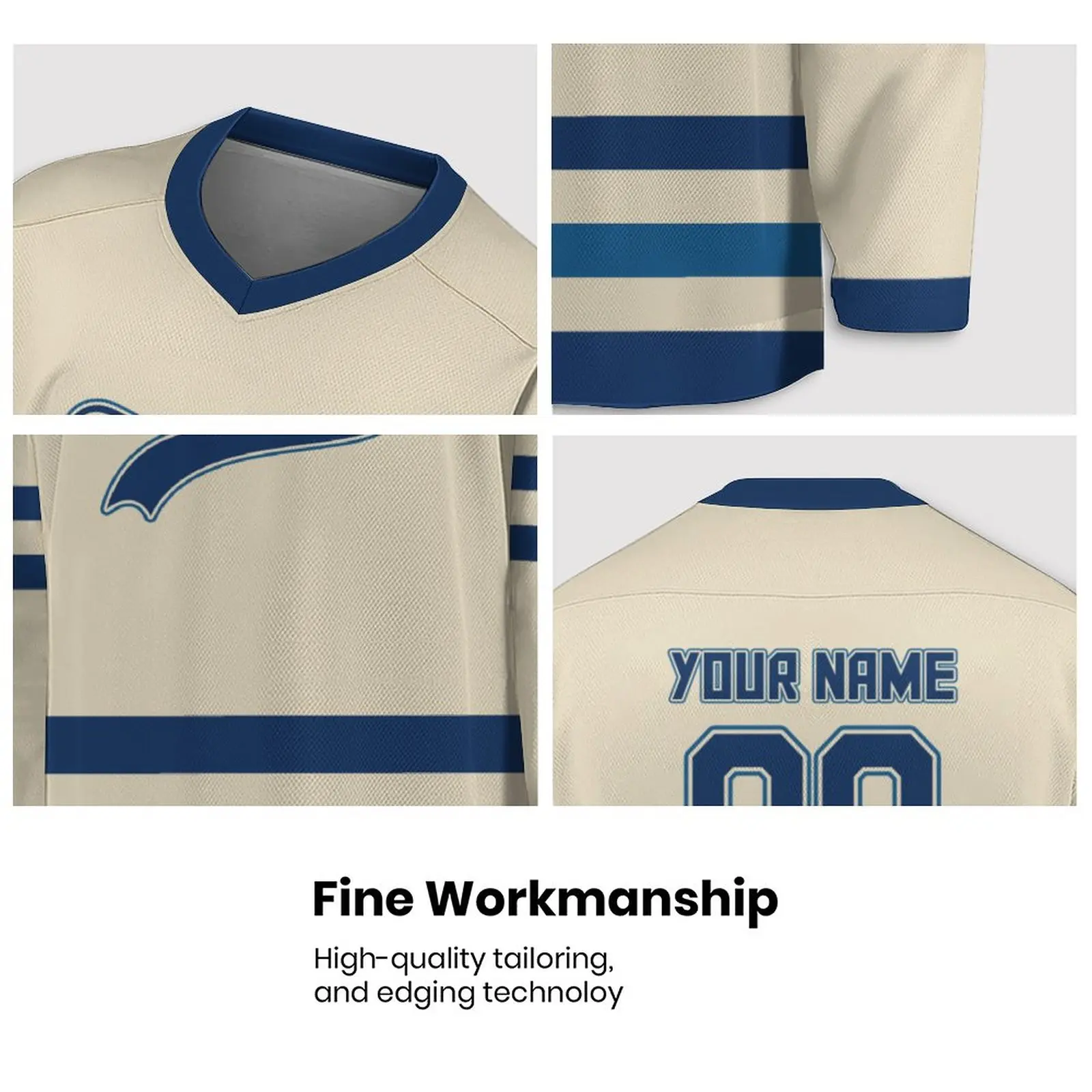 Personalized Cream Navy V-Neck Hockey Jersey - Custom Team Name & Number Sports Uniform for All Ages