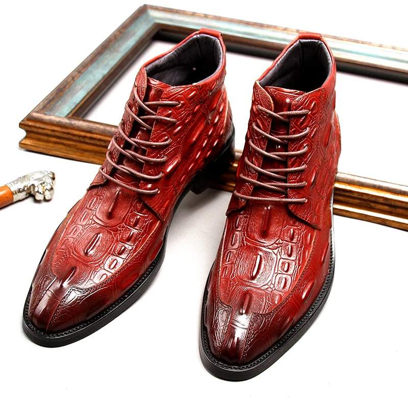 Fashion-Mens-Black-Genuine-Leather-Lace-up-Ankle-Boots-Crocodile ...