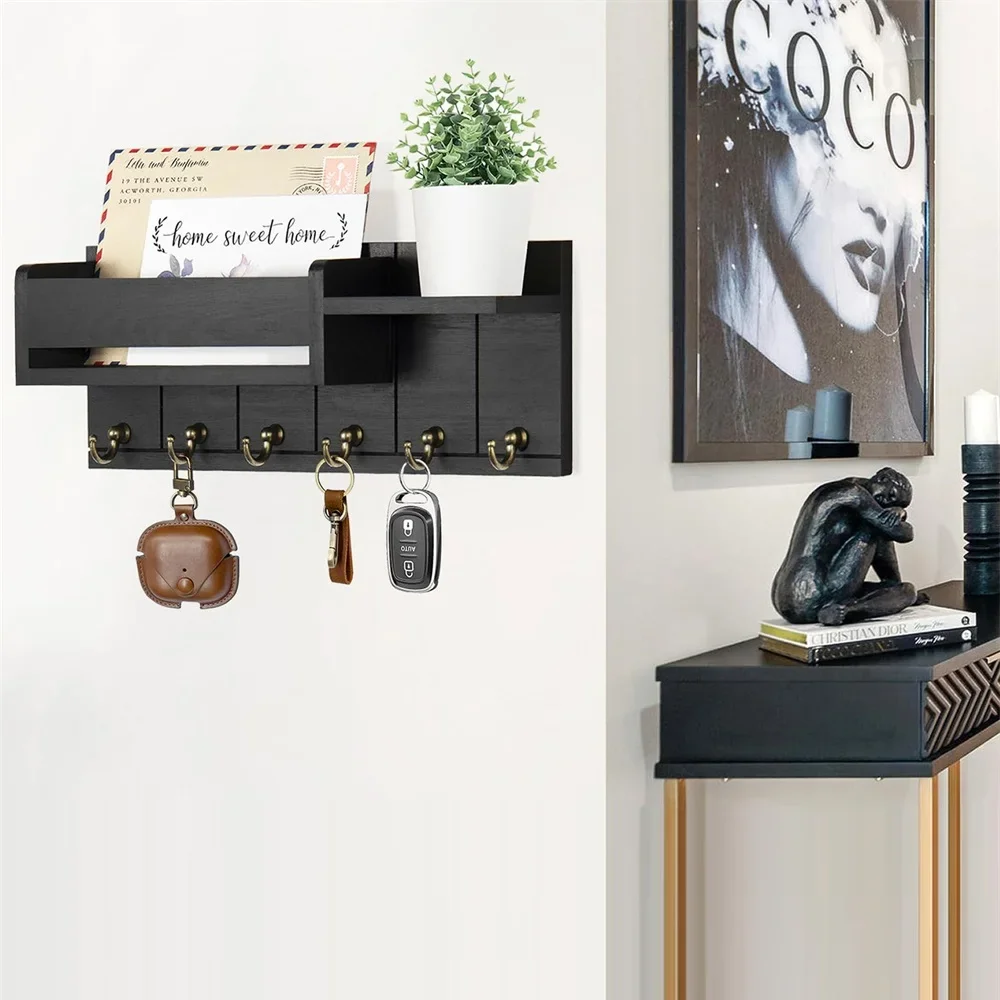 Decorative Key Rack and Mail Organizer with 6 Key Hooks Rustic Wood Key Holder Wall Mounted with Shelf for Living Room Enterway 5
