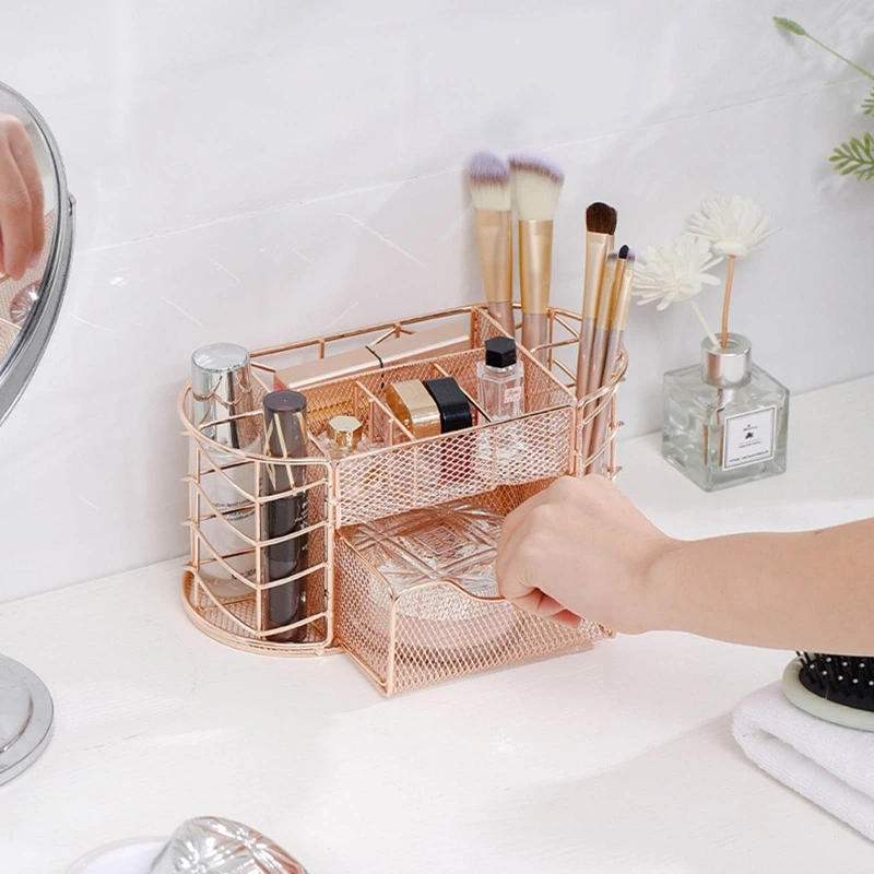 

Mesh Desk Organizer Pen Holder with Drawer Cosmetic Skincare Storage Holder