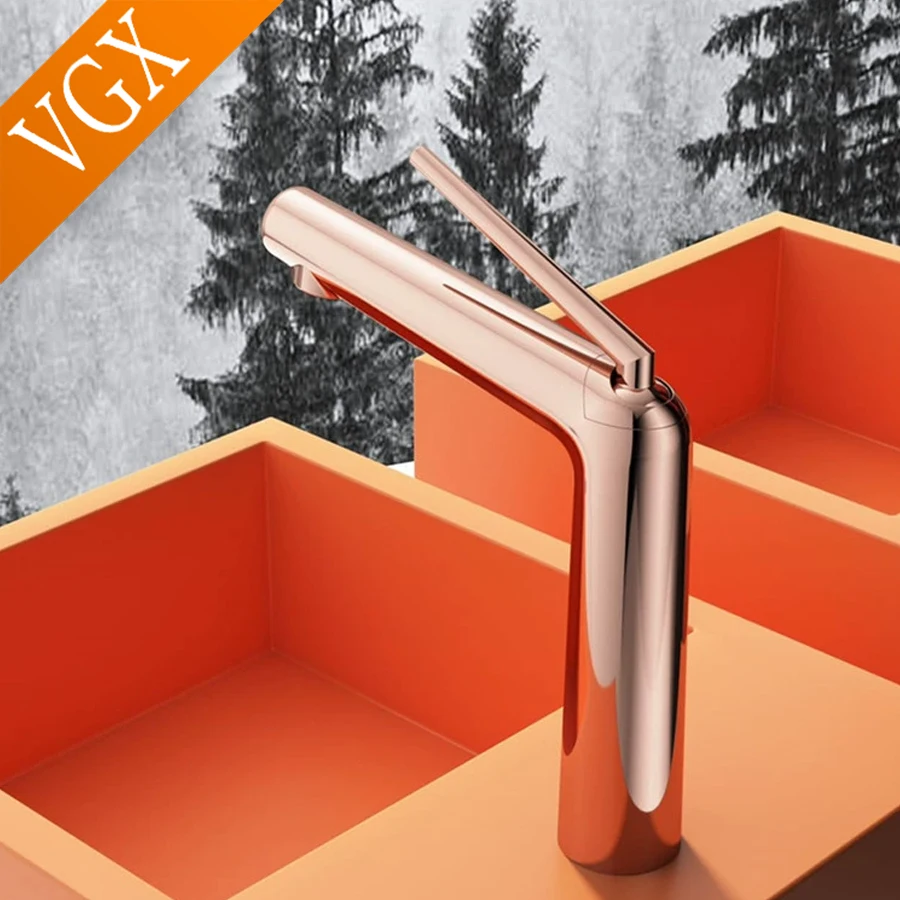 ก๊อกน้ำห้องน้ำ VGX สีโรสโกลด์ ก๊อกผสมอ่างล้างหน้า ก๊อกน้ำอ่างล้างมือ ก๊อกน้ำร้อนน้ำเย็น ก๊อกน้ำทองเหลืองขัดเงา 1