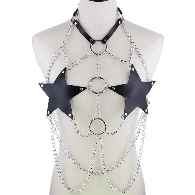 

EagleKu Chain Body Harness Bra Leather Pentagram Sexy Body Cage Punk Goth Dance Festival Rave Women Crop Top Lingerie Adjustable
