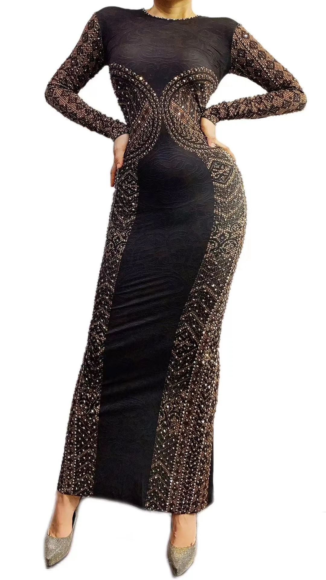 performance-attire-black-circular-wrap-buttocks-slim-fitting-black-long-skirt-elegant-plain-gold-stamping-host-party