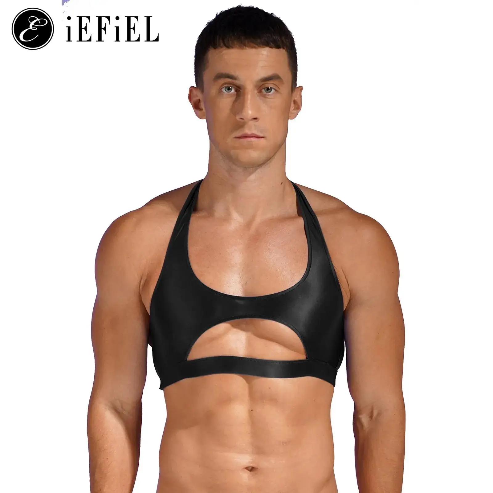 

Мужские Блестящие укороченные майки с вырезами и лямкой на шее, однотонный жилет с открытой спиной для тренажерного зала, тренировок, фитнеса, бодибилдинга, спортивный компрессионный бюстгальтер