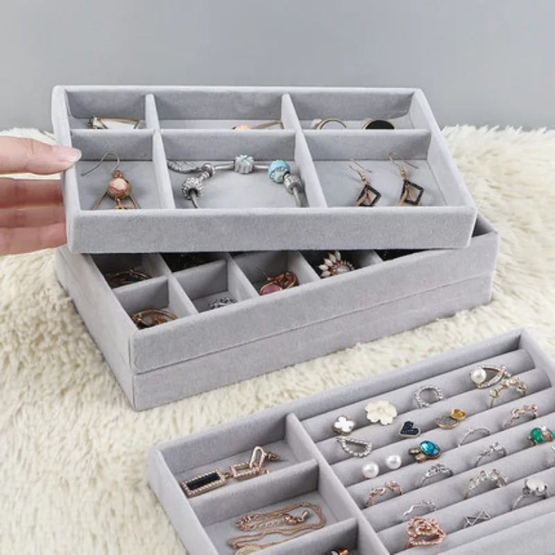 Velvet Jewelry Display Stackable Exquisite Jewellery Holder Portable Ring Earrings Necklace Organizer Box organizator de boys gray velvet jewelry display tray stackable necklace organizer display for showcase display bracelet ring jewelry empty plate