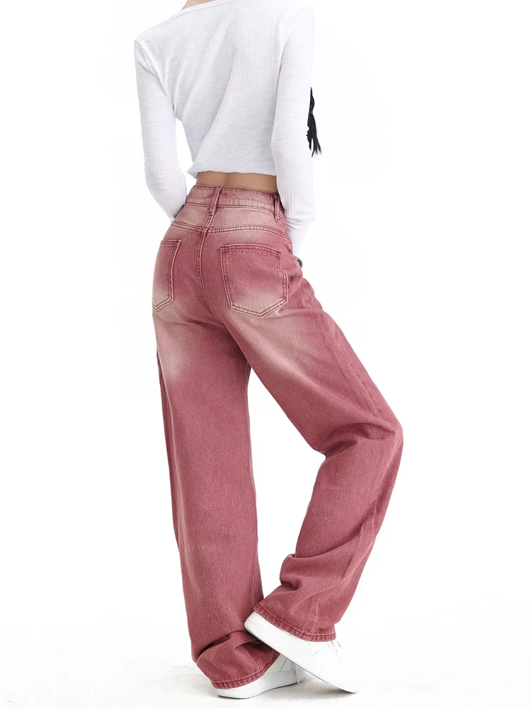 FANAN Y2K Streetwear Casual Fashion Loose Red Jeans for Women High Waist Wide Leg Trousers Comfort Denim