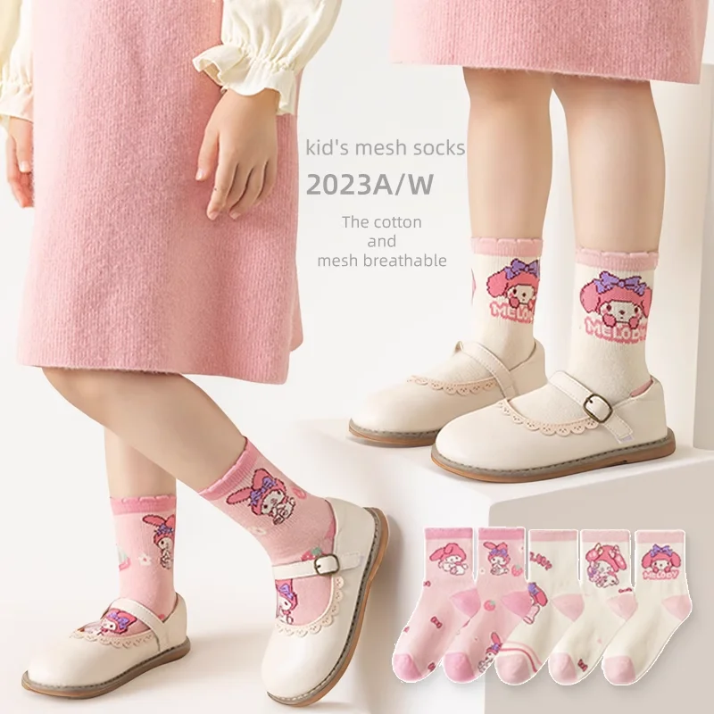 

5Pcs Kawaii Sanrio Kuromi My Melody Mid-Calf Socks Child Pure Cotton Breathable Absorb Sweat High Elasticity Lace Child Gift