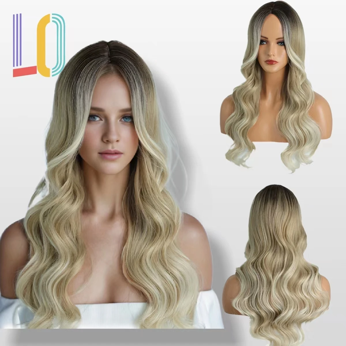 

LO synthetic wig Deep wave Big curly wig Ombre blonde Outside Date 24inch Cosplay halve part Ventilate travel office lady