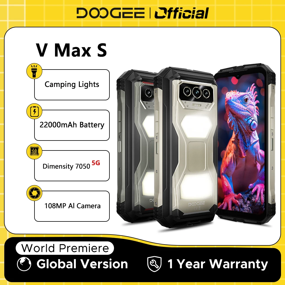 World Premiere DOOGEE V Max S 5G Rugged Phone Dual Camping Lights 22000mAh Battery 24GB(8+16) 256GB 108MP AI Camera Smartphone
