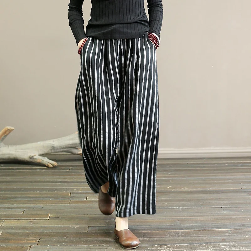 

Vintage Striped Printing Wide Leg Pants for Women Autumn High Waist Straight Trousers Pockets Drape Casual Dyeing Cropped Pants