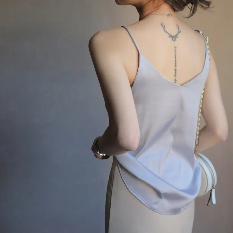 MOONBIFFY Summer Fashion Silk Vest Tanks Women Basic Satin Sling Tops Versatile Solid Loose Sling Camis Female Tank Top