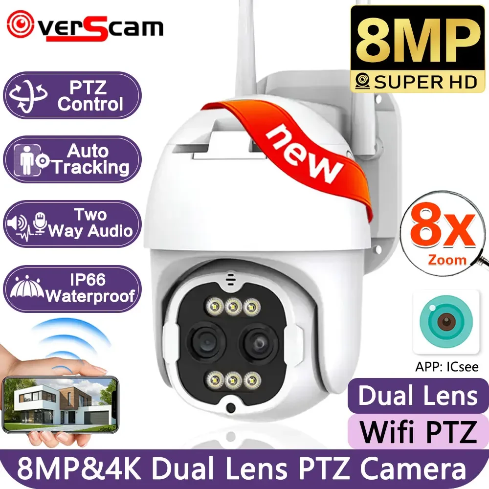 4K 8MP Dual Lens CCTV Camera Auto-Tracking PTZ Camera Waterproof Outdoor Wireless 8X Zoom ICsee WiFi IP Surveillance Camera