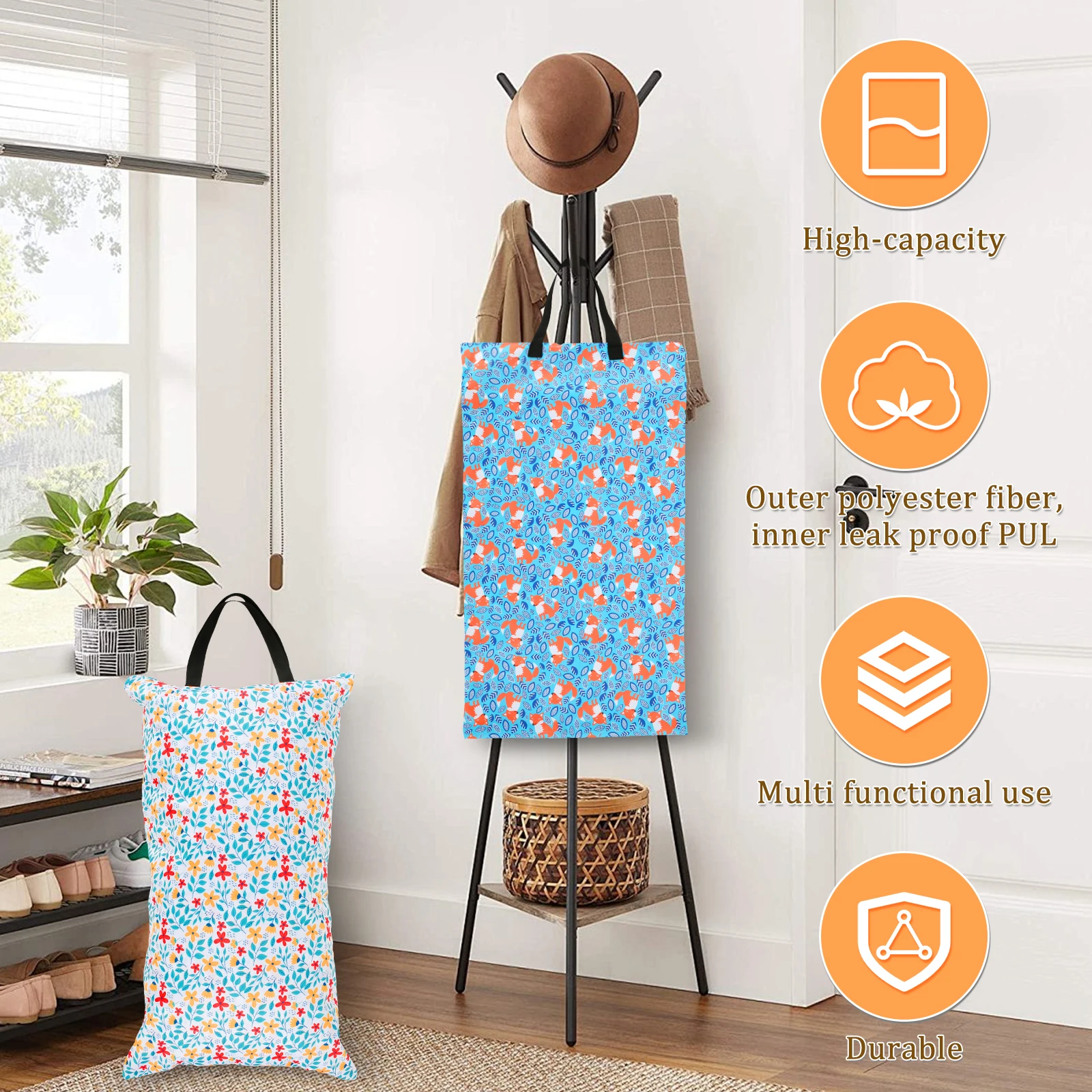 2 Pack Wet Dry Bag with Double Zippered Pockets Hanging Cloth Diaper Bag with Handle Portable Cloth Diaper Wet Bag Leakproof 4