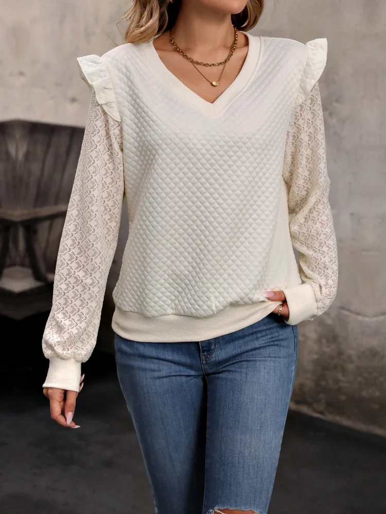 

Fashion Women Solid Color Hoodies Patchwork Design Lace Ruffles Decor See Through V-Neck Long Sleeve Autumn Loose Pullovers Top