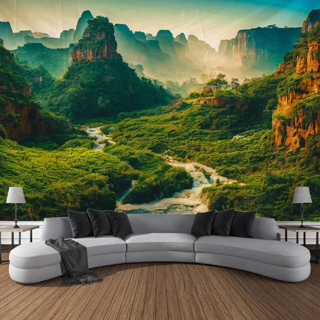 Paysage naturel de tapisserie de montagne et de rivière, tenture murale de cascade de jungle, adaptée à la décoration de la maison, du bureau et du dortoir 3