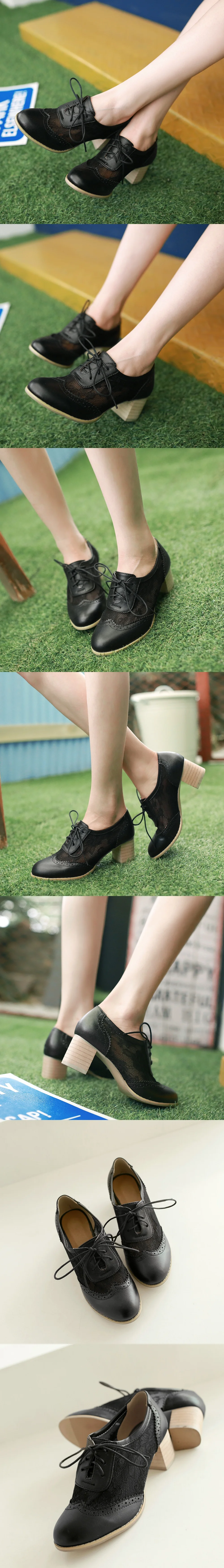 Vintage Lace Patchwork Brogue Shoes Women Square High Heels_voghion.com
