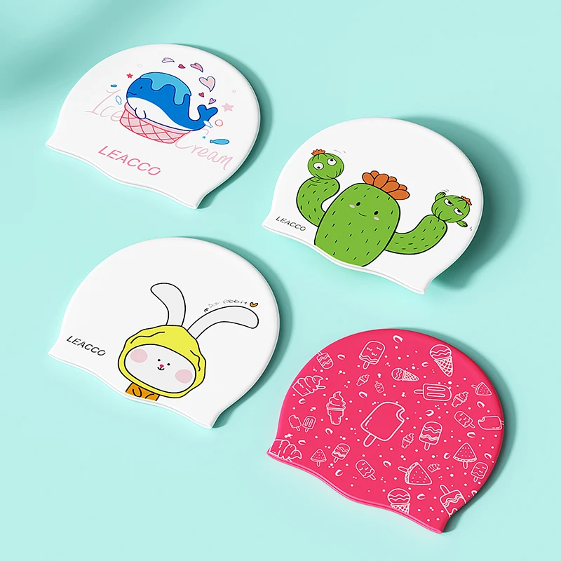 New children's high elasticity silicone professional swimming cap with cartoon print, various cute styles, soft and waterproof 3