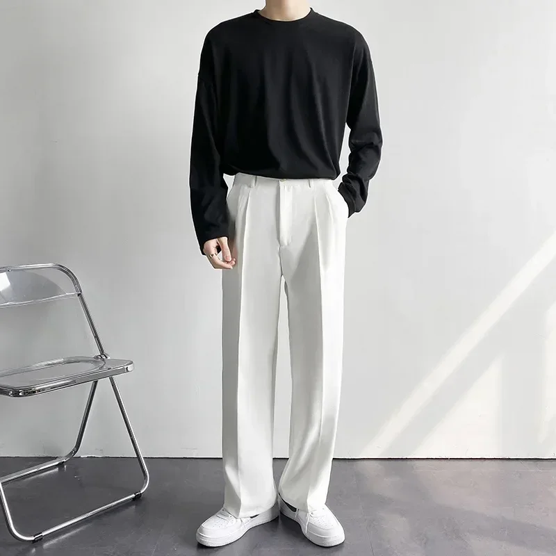 Summer Men's Casual Loose Straight Suit Pants Button Elastic Waist Solid Color Loose Breathable Casual Trousers Minimal Design