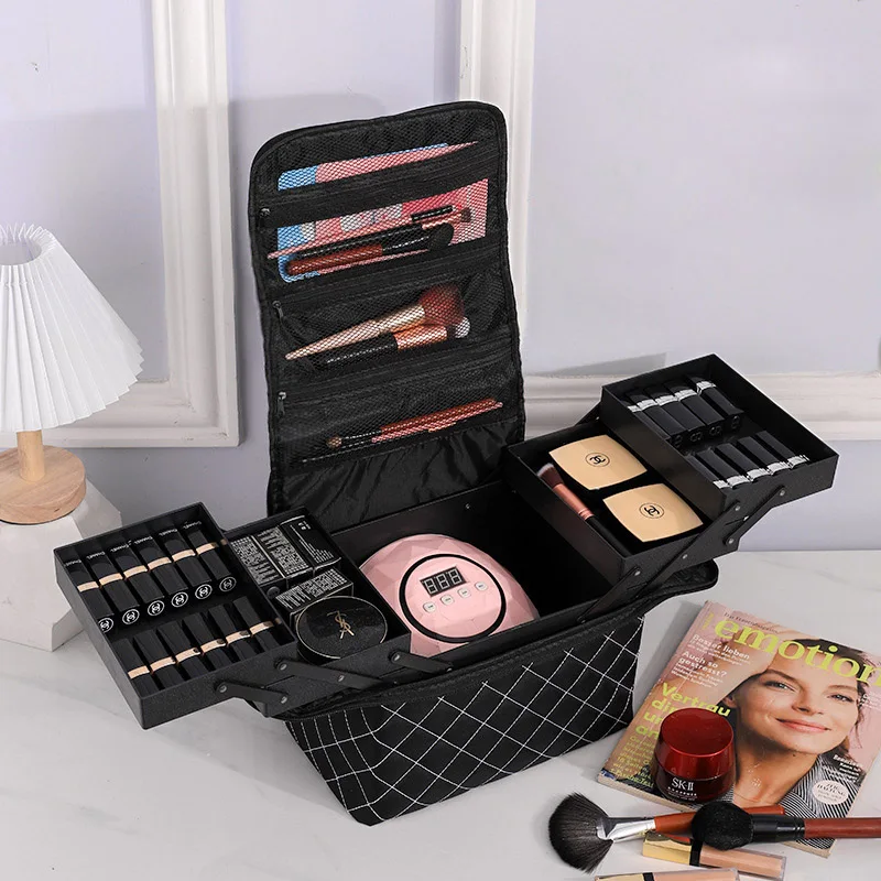 Women Cosmetic Boxes Zipper Nail Art Kit Storage Case Organizer Professional Make Up Handbag Large Capacity Plaid Makeup Bags 2