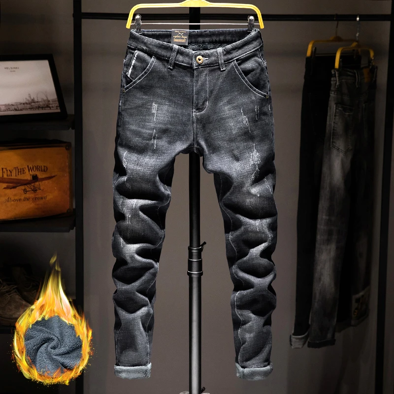 

Mens Winter Thicken Fleece Jeans Stretch Slim Fit Dark Blue Denim Warm Jeans For Men Soft Designer Brand Long Pants Jean Homme