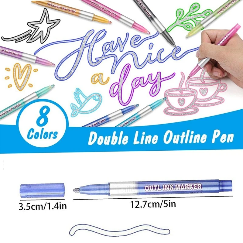 8 Color Christmas Pen Highlighter Double Line Outline Art Pen Marker Pens Bullet Diary Poster Card DIY Painting Writing