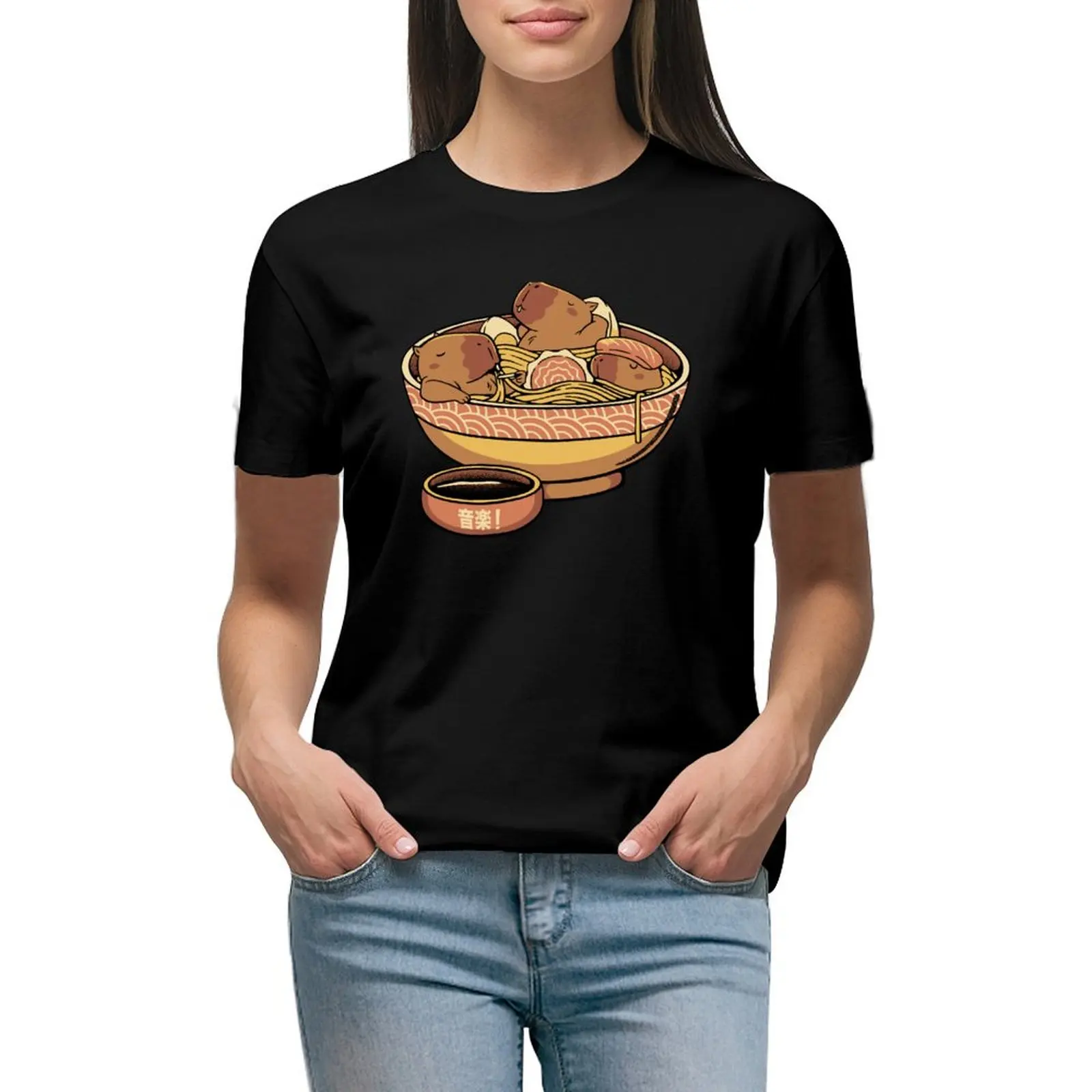 

Capybara Cute Ramen Yellow by Tobe Fonseca T-shirt shirts graphic tees hippie clothes western t shirts for Women
