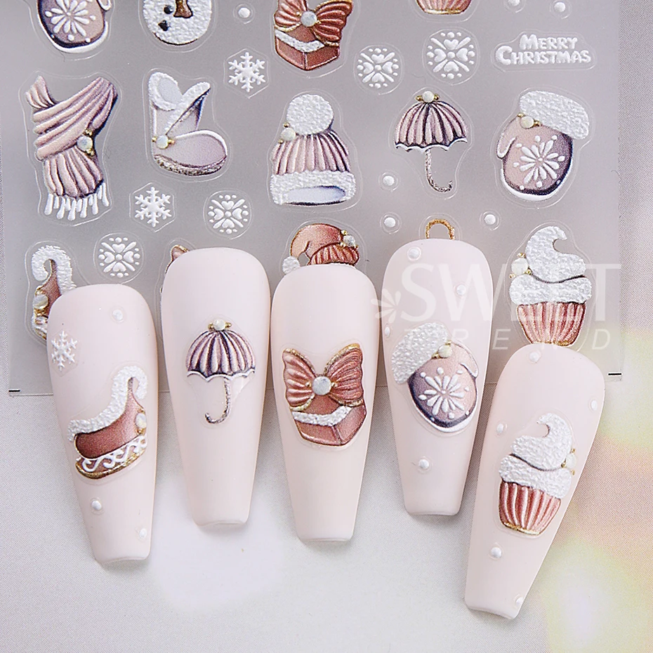 2pcs Embossed Christmas Nail Stickers Winter Sweater Gloves Hat Snowman Nail Decals DIY Manicure Decoration Slider Nail Supplies