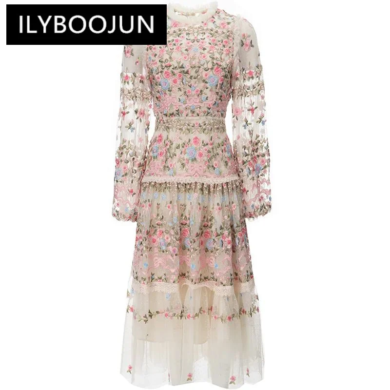 

Vintage Fashion Designer Dress Women's Mesh Embroidered Translucent Lantern Sleeve Slim White Midi Dresses 2023 Newest