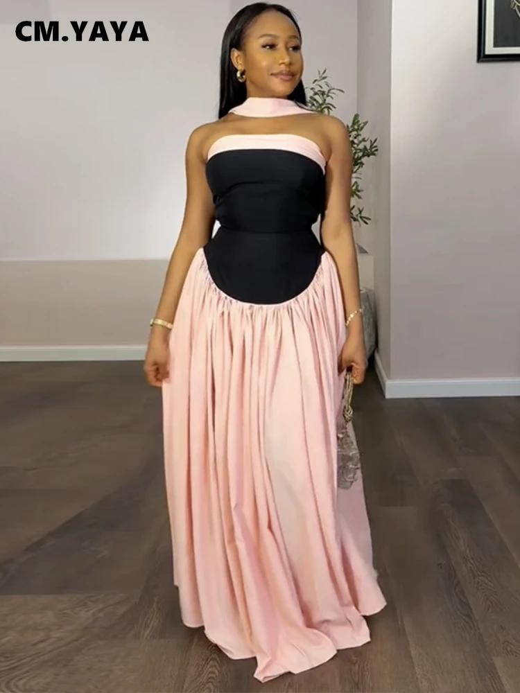 CM.YAYA Women Fashion Halter Neck Pleated Big Swing High Waist Maxi Long Dress 2025 Summer Party Night Club Vestidos Dresses 1
