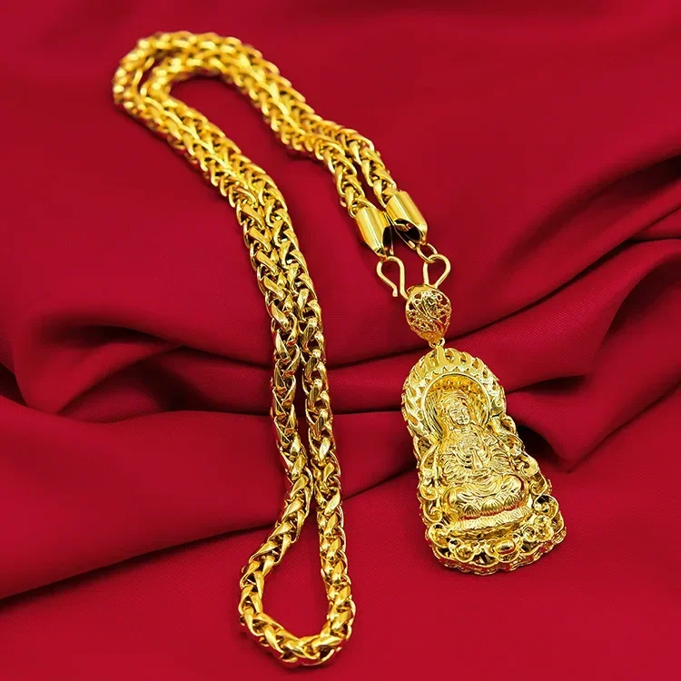 High-quality 9999 clavicle chain 24K real gold necklace hollow Guam golden dragon pendant men wish you good luck Buddha chain