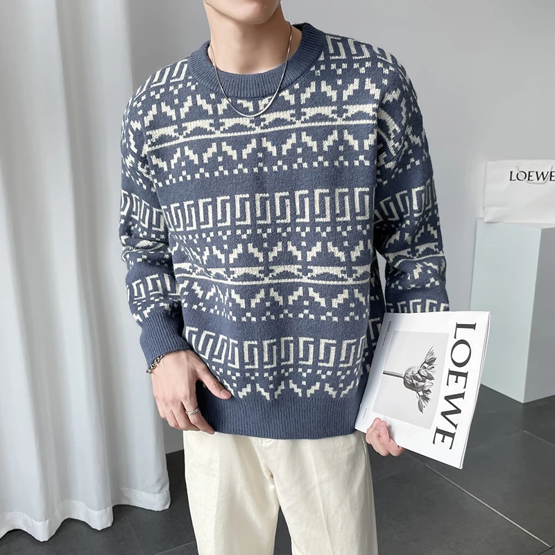 New Autumn and Winter Men  Fashion Handsome National Style Sweater Pullover Loose Casual Young Trend Daily Crewneck Jacquard Top