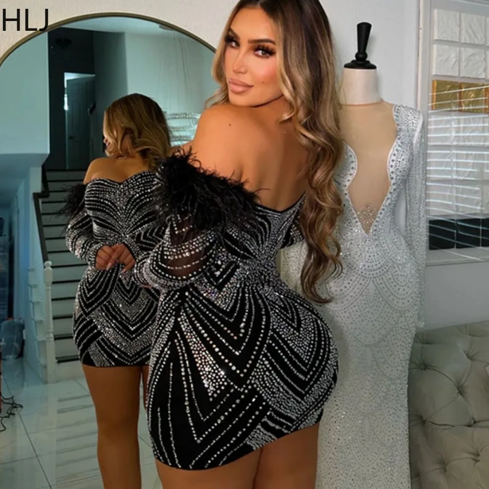 

HLJ Black Sexy Rhinestone Feather Bodycon Evening Party Dresses Women Off Shoulder V Neck Slim Mini Dress Fashion Lady Vestidos